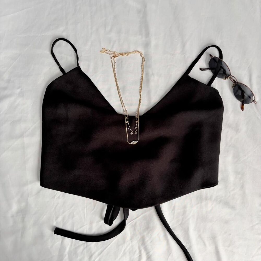American-threads Women's Black satin handkerchief crop top